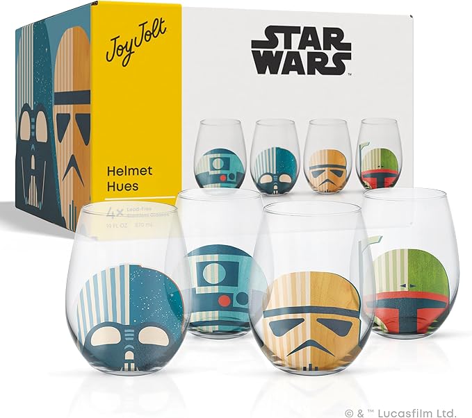 JoyJolt Star Wars™ Helmet Hues Tumblers Stemless Glasses. Set of 4 Large 19oz Glass Drinking Glasses, Wars Kitchen Gifts and, Collectibles for Adults