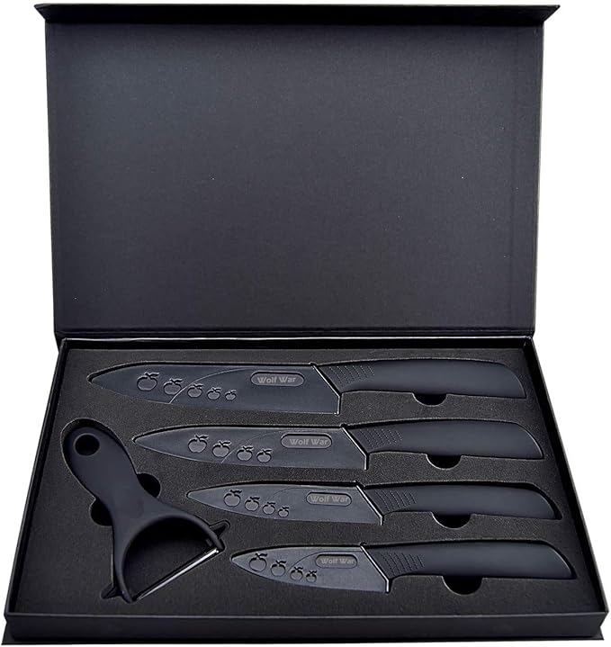 Ceramic Knife, Ceramic Knife Set with Protective Cover, Kitchen Knife Set with 4-Piece Knife and 1 Peeler, Chef's Knife Sets for Meat, Fruit, Vegetables - Black