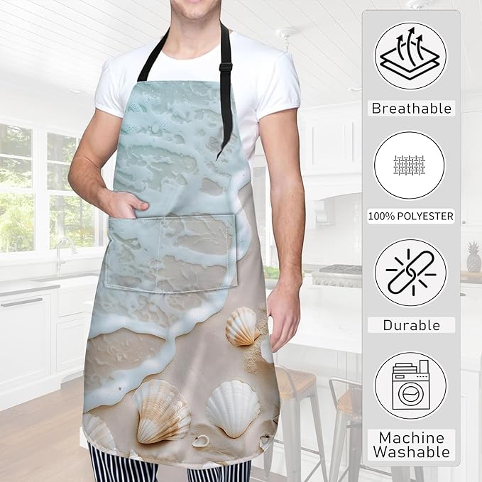 Ocean Waves Seashell Apron,Oxford Fabric Adjustable Kitchen Apron with 2 Pockets,Waterproof Cooking Aprons for Men Women Mom Wife Dad,Ideal Gifts for Coffee House,Shop,Baking,BBQ,28x33in
