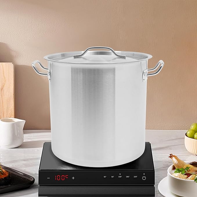 Large Stock Pot with Lid, Stainless Steel Cookware Stockpot, 34.9 Quart Heavy Duty Soup Pot with 2 Handles, All Stoves Compatible, Fast and Uniform Heating