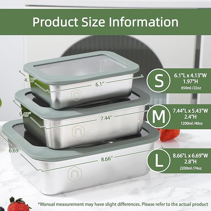 Meal Prep Containers, 3 Size-21/40/74oz Glass Food Storage Containers with Leak Proof Airtight Lids, Stainless Steel Bento Lunch Boxes, Kitchen Storage for Oven, Freezer, Dishwasher