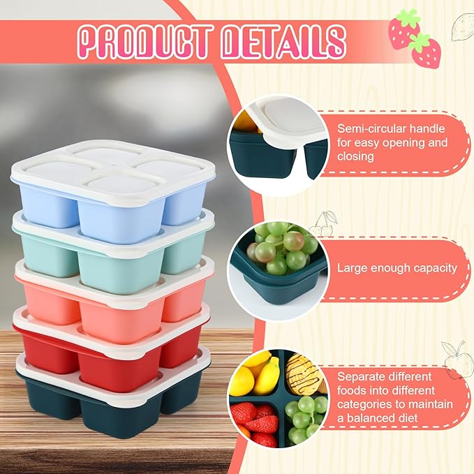 Honeydak 5 Pack Snack Containers 4 Compartment Bento Snack Boxes Reusable Lunchable Containers with Lids Divided Meal Prep Lunch Food Storage Box for School Work Travel(Melon,Equal)