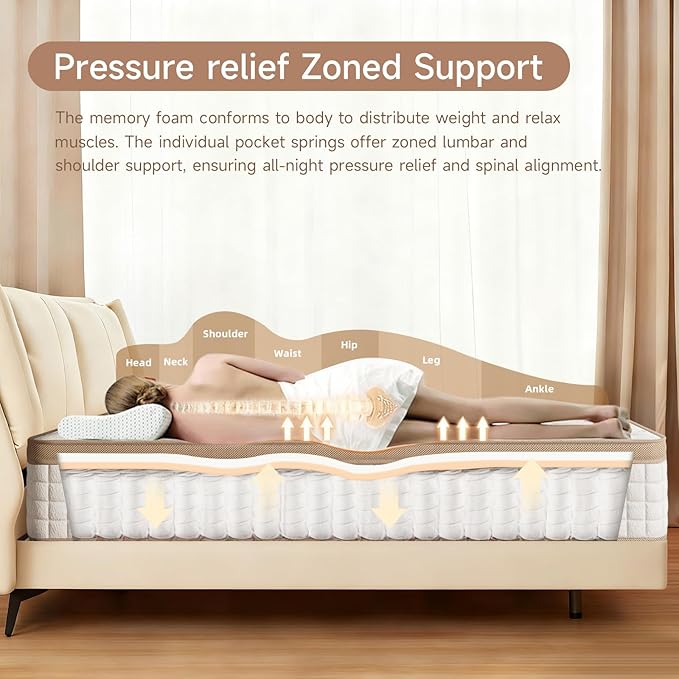 MOOA Queen Mattress, 12 Inch Queen Mattresses, Medium Firm Cooling Memory Foam for Hip/Shoulder/Lumbar Support, Individual Springs for Pressure Relief & Motion Isolation, Hybrid Mattress In A Box