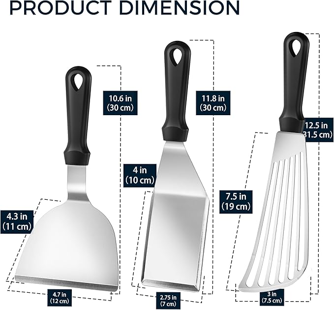 Metal Spatula Set, 18/0 Stainless Steel Spatulas & 18/8 SS Flexible Fish Spatula, Brushed Kitchen Utensil for Cast Iron Skillet, Frying Griddle Pancake Steak Meat Egg, Pack of 3
