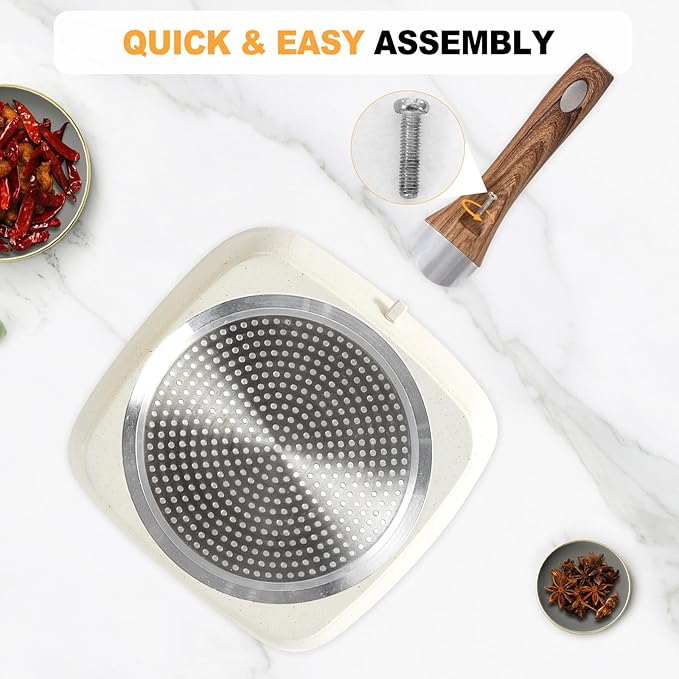 3 Pieces Nonstick Grill Pan Set – Square Griddle Pans with Wooden Handle, Compatible with All Stovetops, Perfect for Steak, BBQ, Vegetables (9.5", 10.2", 11") Ivory
