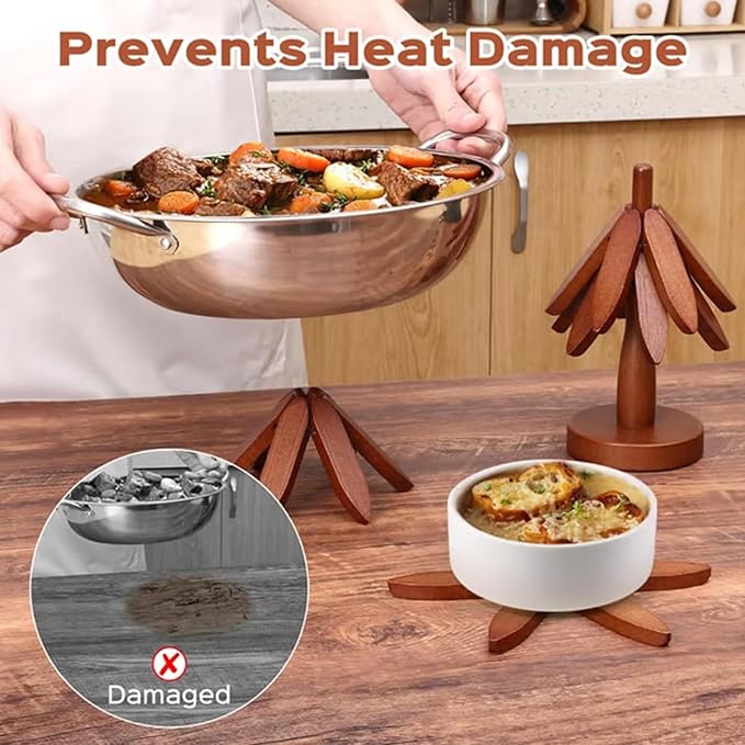 Natural Tree Trivet Set 4 Wooden Trivets and 1 Stand Like a Christmas Tree Wooden Hot Pads Heat Resistant Trivets for Kitchen Table Decor (Log-4 Piece)