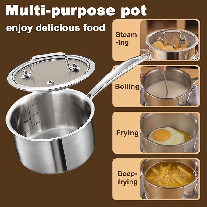 2.5 Quart Triple Stainless Steel Saucepan with Lid, Ramen Pot with Clear Glass Cover, Small Sauce Pan for Cooking Oatmeal, Induction-Ready, Dishwasher-Safe, Suitable for All Stoves