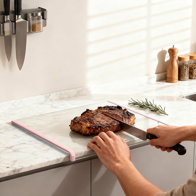 Clear Cutting Board for Countertop (17"x13.3"),Glass Cutting Board with Lip,Kitchen Countertop Protector, Non Slip,Gifts suitable for Christmas, Mother's Day and fatherly occasions (Pink)