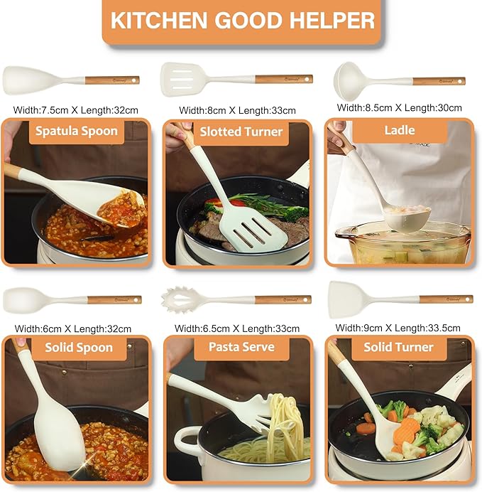 Large Silicone Cooking Utensils Set, 10Pcs Nonstick Kitchen Utensil Set with Wooden Handle, Heat Resistant Silicone Utensils for Cooking, BPA Free Spatula Set with Turners Spoon Ladle Skimmer(White)