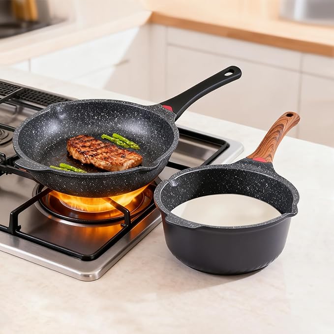 Vinchef Nonstick Sauce Pan & Skillet with Lids, 4QT Sauce Pot & 12.5 IN Deep Fry Pan, Dishwasher Safe,Induction Compatible, Scratch/Stain Resistant, PFAS-Free, Black