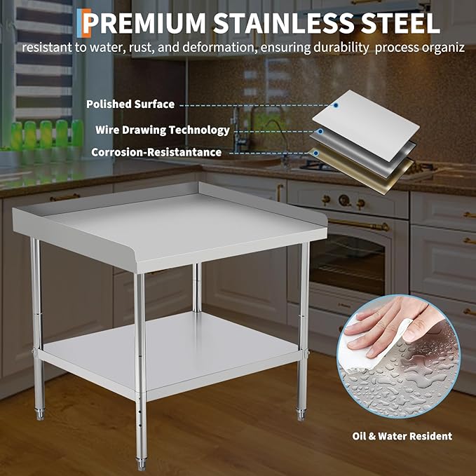 36x28x30 in Stainless Steel Equipment Grill Stand Table 400 LBS Capacity NSF Certified with Adjustable Legs, 2 in Edge Baffle, for Hotel, Home, Commercial Restaurant Kitchen