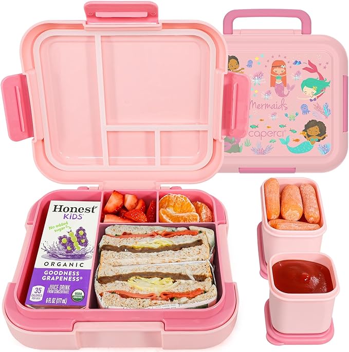 Caperci Bento Box for Kids - Leak-Proof Lunch Box Snack Container with 2 Modular Containers & 4 Compartments, Hold 4.8 Cups, Portable Handle, BPA-Free, Microwave/Dishwasher Safe (Mermaid)