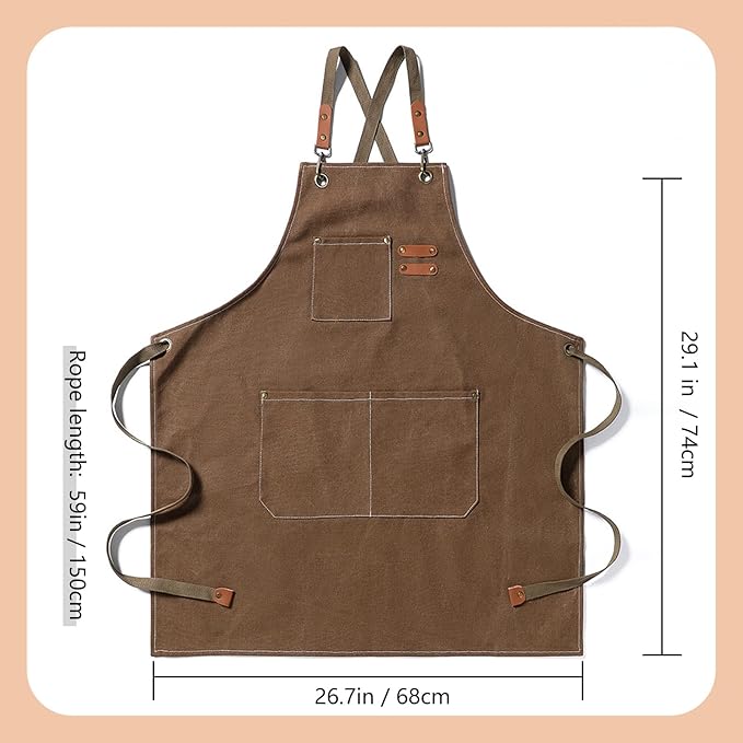 Canvas Apron with Cross Back Straps for Men & men,Chef & work Apron with Multiple Pockets for Cooking,BBQ,Workshop,Gardening and Crafts(Brown)