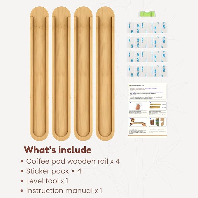 Bamboo Coffee Pod Holder, Adhesive Wall Mount for Cabinet Door, 36-Capsule Storage (Set of 4) — Vertical/Horizontal — Compatible with Nespresso Original Line-Bamboo Brown