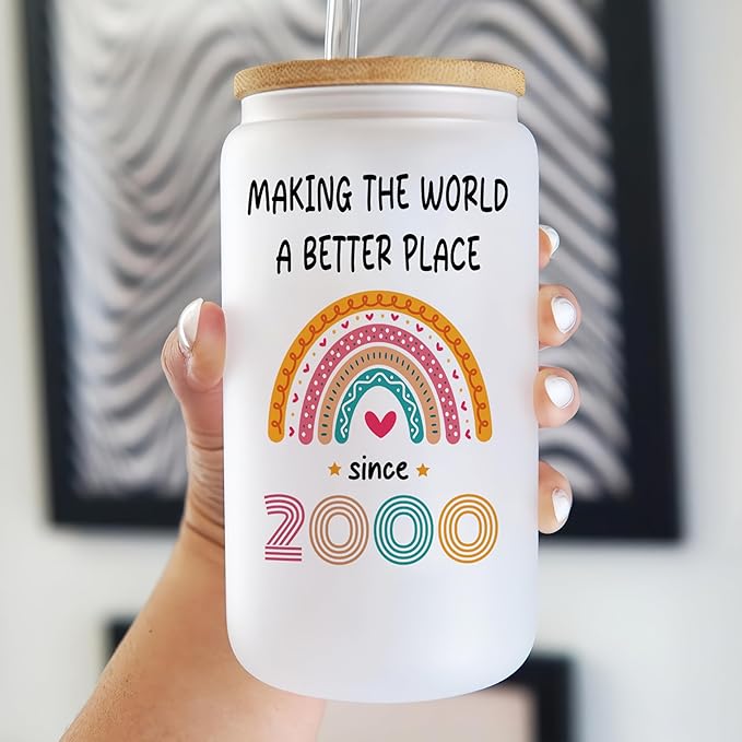 Vivulla68 25th Birthday Gifts For Her Him - Gift For 25 Year Old Female - Gifts For 25 year Old Woman Man - 25th Birthday Gifts Ideas - 25th Frosted Glass With Lid And Straw