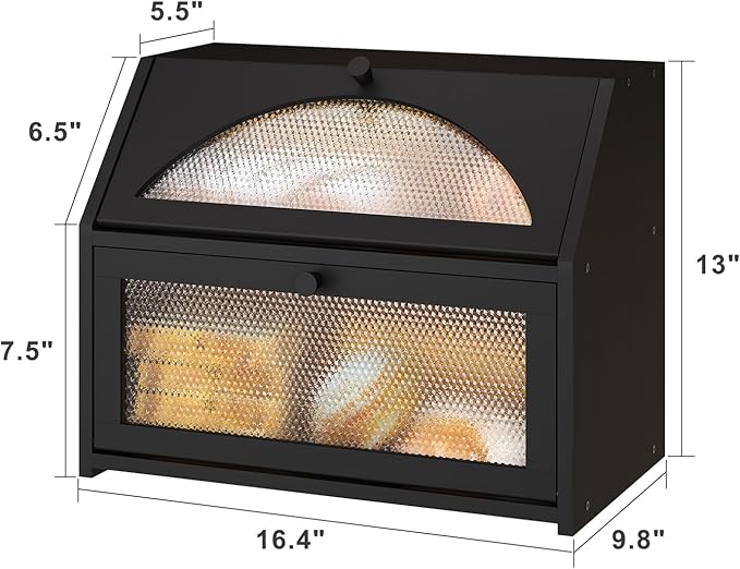 Bread Box, Bamboo Wood Bread Box for Kitchen Counter, Double-layer Bread Storage Bin, Acrylic glass with Diamond Patterns (Black, Large)