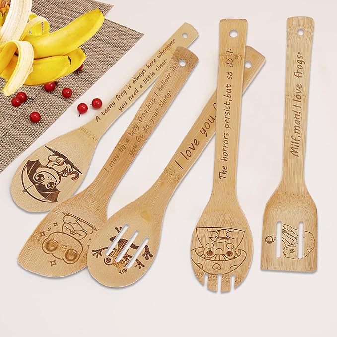 5PCS Frog Wooden Cooking Spoons Set Frog Gifts for Women Kitchen Decor Bamboo Cooking Utensil Spoons for Housewarming Wedding Anniversary Thanksgiving Christmas Gifts Mom Women