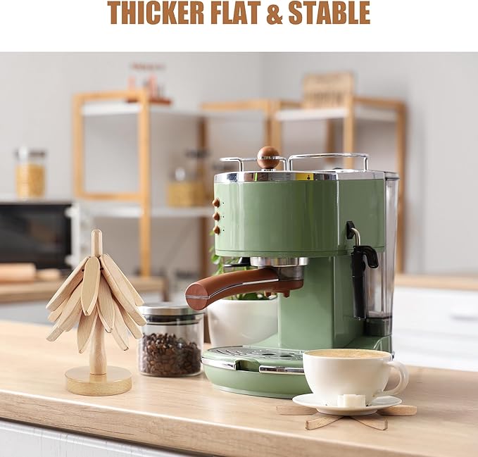 Wooden Trivets for Hot Dishes, Tree-Shaped Wooden Trivet Set, Includes 4 Trivets with Stand, Beech Wood (Walnut)