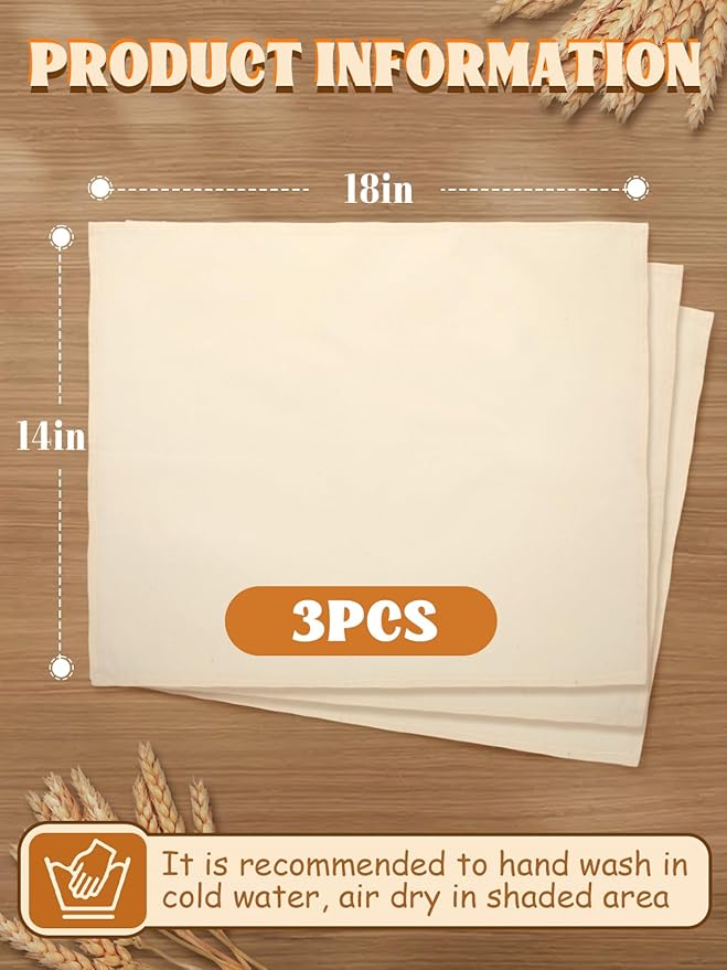 3pcs 100% cotton Tea Towels for Baking Sourdough - 14" x 18'' Unbleached Bread Basket Flour Sack Towels, Proofing Cover Cloth for Dough Raising, Bread Making Accessories Bakers Gift