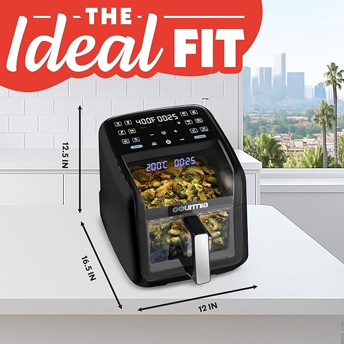 Gourmia Air Fryer 7 QT - Easy View Panoramic Window & Interior Light, Guided Cooking with 12 One-Touch Presets, FryForce 360, Dishwasher Safe Accessories, Black