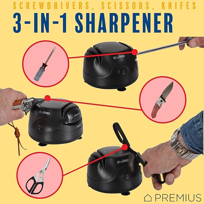 3-In-1 ELECTRIC KNIFE SHARPENER SYSTEM by PREMIUS, Great for Kitchen and Sport Knives, Scissors, Screwdrivers, 2-Stage Sharpening System Appliance, Compact Quick, Easy Design, Retractable Cord, Black