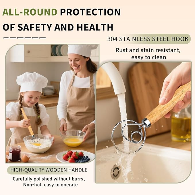Hand Whisk Stainless Steel Dough Hook Dutch Whisk for Sourdough Bread Dough Mixer Hand Wooden Handle Kitchen Whisking Mixing Tool Bread Making Tools (1 eye)