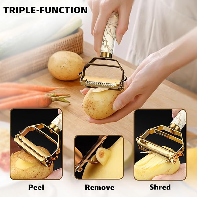MULTI-FUNCTIONAL 3-IN-1 PEELER, Stainless Steel Peeler, Fruit, Potatoes Peeler for Kitchen,The three functions of peeling, shredding, digging holes are integrated with Ergonomic Non-Slip Handle(gold)