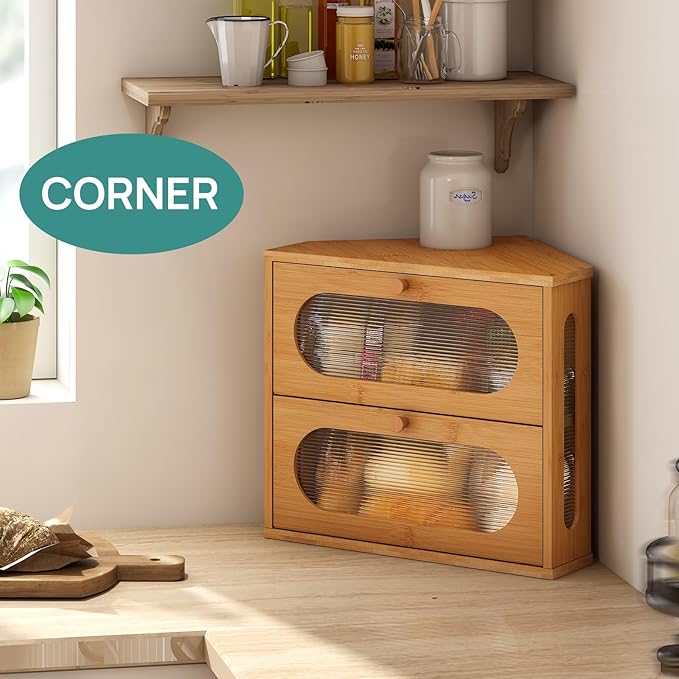 Corner Bread Box for Kitchen Countertop, 2 Tier Corner Bread Box, Bamboo Wood Large Capacity Bread Storage Bin with Acrylic Wavy Door Panel