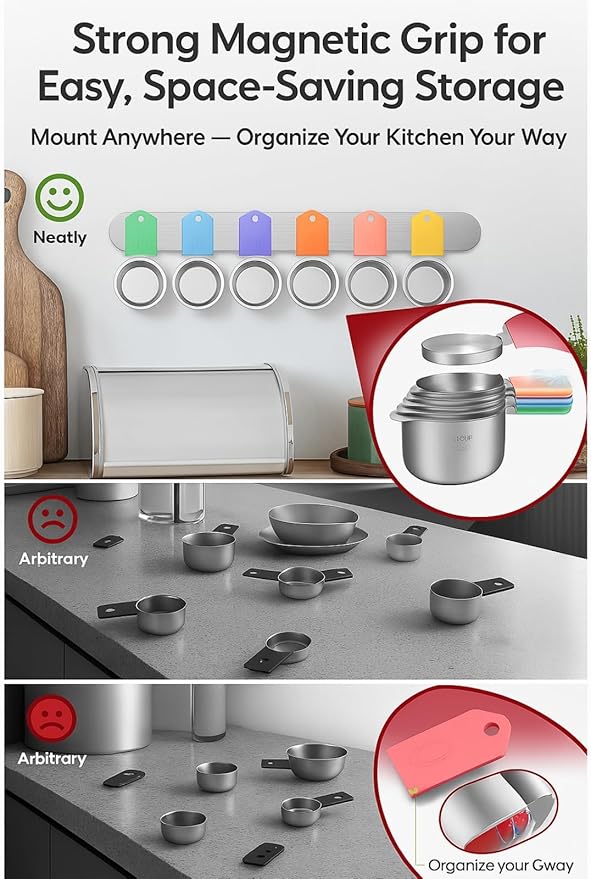 Magnetic Measuring Cups & Spoons Set|304 Stainless Steel Dual Scale Set of 15, Strong N52 Magnetic Nesting Design with Leveler, for Dry&Liquid Ingredients, Dishwasher Safe(Colorful)