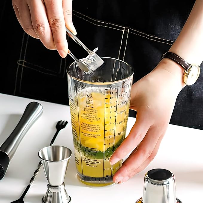 Cocktail Shaker Glass,Martini Shaker With Recipes on Side 13.5oz Mixed Drink Shaker with Glass Cup Professional Bar Tool with Scale Glass (Recipes)