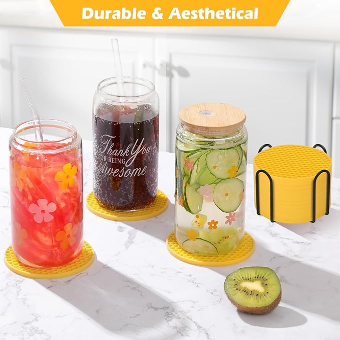 Silicone Coasters Set of 8 with Holder, Drinks Coasters, Beer & Coffee, Suitable for All Cups, Hot or Cold, Anti-Slip, Non-Stick, Anti-Overflow Tabletop Protection and Decor (8 Pcs, Yellow)
