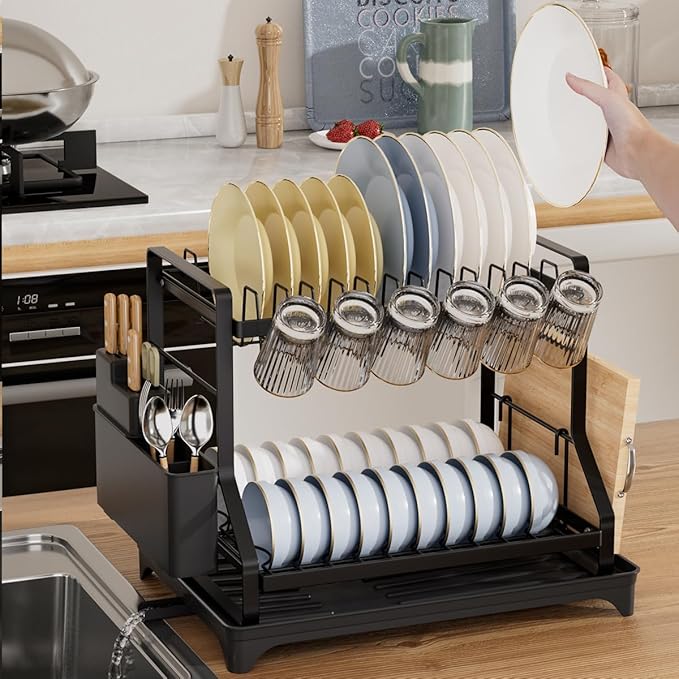 2-Tier Kitchen Dish Rack with Drainboard, Black, Large Capacity Dish Drying Rack with Cup Holder, Knife Block, Cutting Board Rack, 42x32.5x34cm