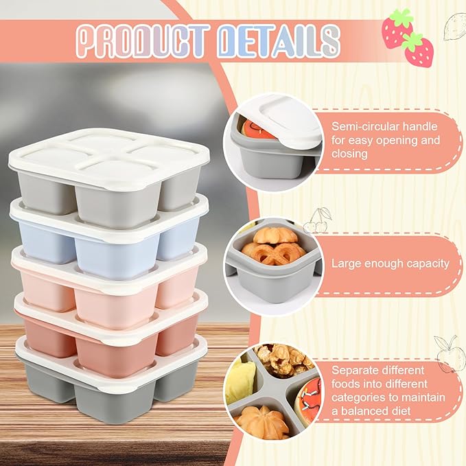 Honeydak 5 Pack Snack Containers 4 Compartment Bento Snack Boxes Reusable Lunchable Containers with Lids Divided Meal Prep Lunch Food Storage Box for School Work Travel(Morandi,Equal)