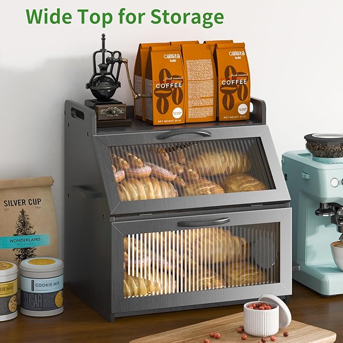 Farmhouse Breadbox Organizer - Large Wooden Double Layer Bread Bin with Acrylic Window, Black