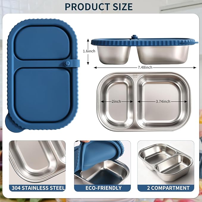 FAMOR 3 Pack Stainless Steel Snack Containers With Lid, 2 Compartment Snackle Box Container,Leak-Proof Reusable Food Storage Container,For Work,Travel, School, And The Gym