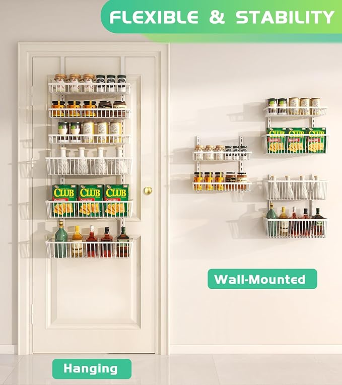 Over The Door Pantry Organizer, Pantry Organization and Storage, 6-Tier Deep Baskets Hanging Heavy-Duty Metal, Wall Spice Rack Seasoning Shelves for Home & Kitchen, Laundry Room Bathroom, White