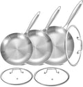 LOLYKITCH 8.5-10-12 Inch Tri-Ply Stainless Steel Frying Pan Set with Lids,Skillets,Induction Cooking Pans,Dishwasher and Oven Safe,Detachable Handle