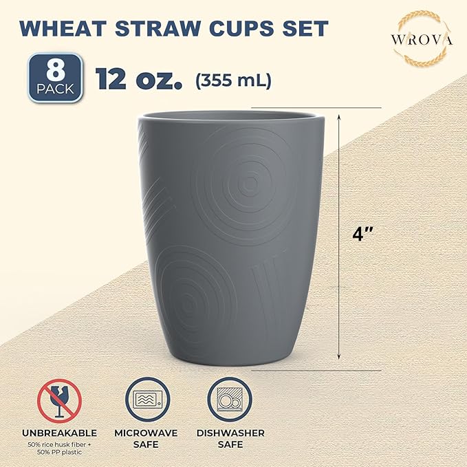 Wrova Wheat Straw Cups 8 PCS Good Alternative to Plastic Reusable Cups 12 oz Unbreakable Drinking Cup Reusable Dishwasher Safe Water Plastic Glasses Grey