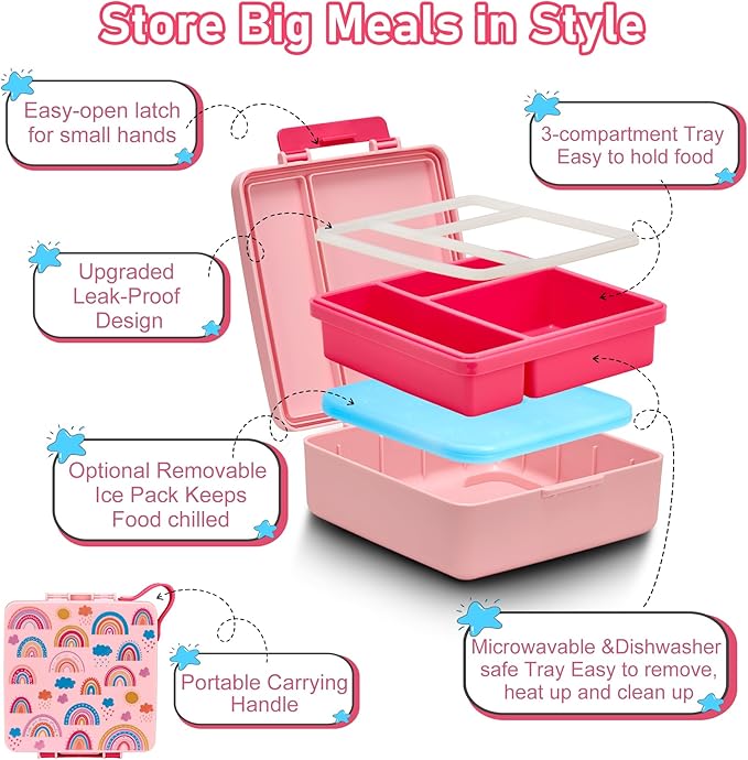 Chill Bento Lunch Box for Kids Adult with Ice Pack,Leak Proof 3 Compartments Lunch Container for Kids,Ice Pack Detachable Bento Box,BPA Free,Dishwasher & Microwave Safe-Rainbow