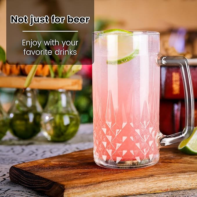 Beer Mugs For Freezer, 20 oz Large Heavy Glass Mugs with Handles Set of 4, Clear Large Beer Steins for Tea, Coffee, Lead-Free Glasses Oktoberfest Style, Best Gifts for Dad Husband or Friend