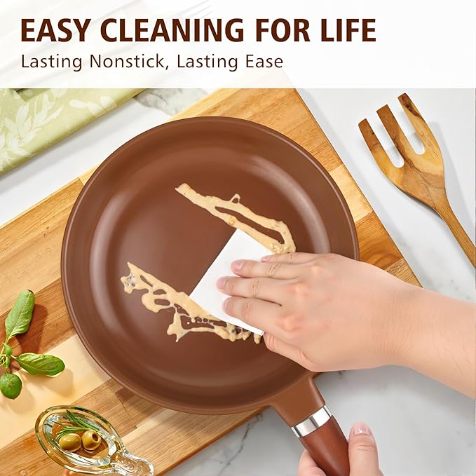 Pure Ceramic Frying Pan Skillet, One-Piece Construction Ensures No Coatings & No Metal, SGS-Certified Non-Toxic, Naturally Nonstick for All Cooktops, 10-inch (Brown)