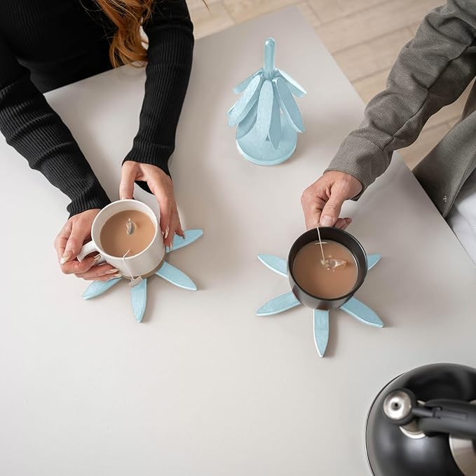 Wooden trivets for hot Dishes – 4 Tree-Shaped Coasters & 1 Stand for Hot Pots, Dishes | Heat-Resistant, Space-Saving Pot Rest & Cozy Kitchen Decor, Tree Trivets for Counter + Special Bonus (Sky Blue)