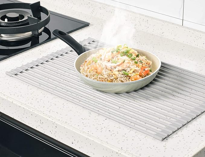 Surpahs Roll-Up Dish Drying Rack, Warm Gray, 17.5" x 13.1", Fits Sinks up to 16.5" Wide, Silicone-Coated Stainless Steel