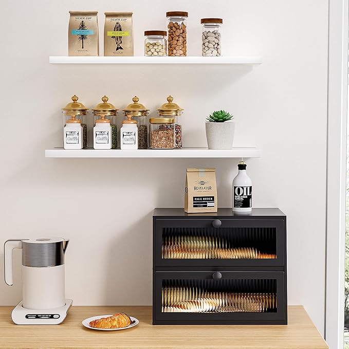 Bread Box for Kitchen Countertop,Extra Large 2 Layer Breadbox Wooden Farmhouse Bread Storage Container Bread Bin Bread Holder Food Organizer Pantry Shelf Acrylic Window(Black)