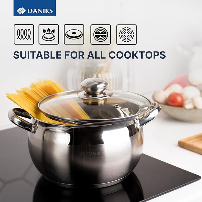Daniks Classic 6-Piece Stainless Steel Cookware Set with Glass Lids, Tri-Ply Bases for Even Heating, Induction Compatible, Dishwasher Safe