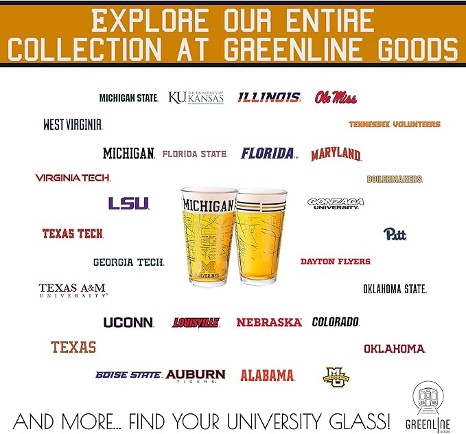 Greenline Goods – University of Michigan Wolverines College Pint Beer Glasses (Set of 2), 16 oz – Full‑Color Logo + Campus Map