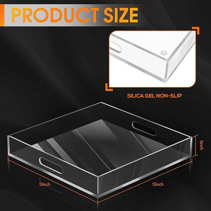 MAONAME Acrylic Serving Tray with Handles, 12"X12" Square Clear Tray, Ottoman Decorative Trays, Coffee Table Trays for Countertop, Living Room, Office