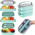 Bento Lunch Box for Kids Women Men, 47oz 2-Compartment Salad Metal Food Prep Pack Container for Lunch, Stainless Steel 3 Layers Stackable Lunch Containers with Lids for Adults and Teens Light Green