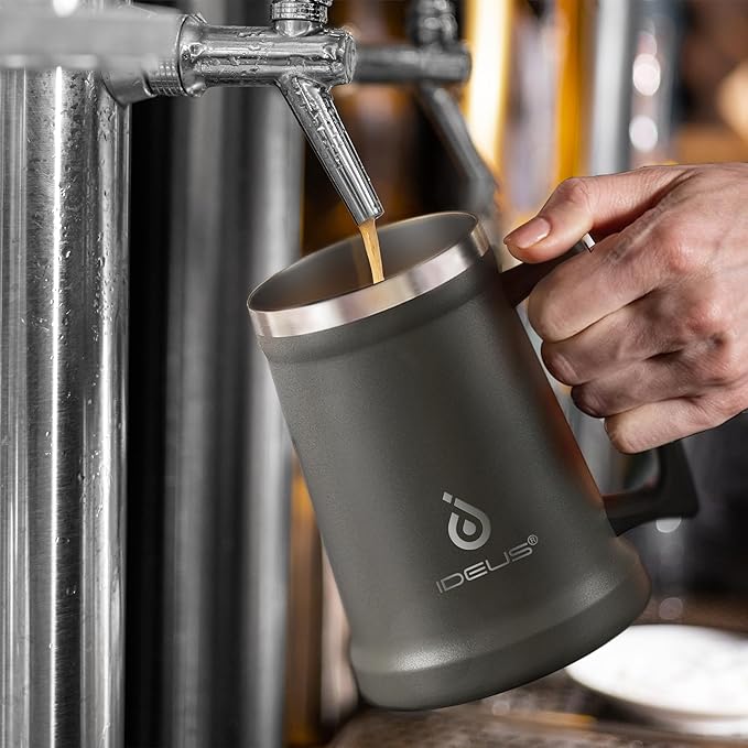 Ideus Insulated Beer Stein, 24/32oz Stainless Steel Double Walled Beer Mug Giant Bar Drinkware Metal Beer Cup with Big Grip Handle (Grey, 24oz (710ml))