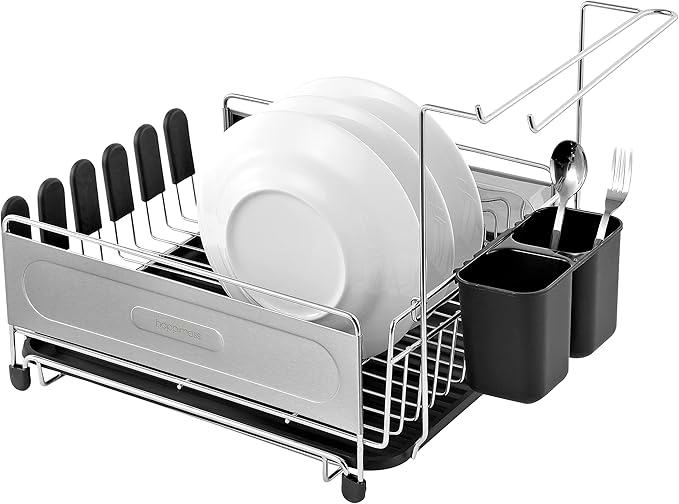 happimess DSH1000A Compact 17.25' Fingerprint-Proof Stainless Steel Dish Drying Rack, Dish Rack with Wine Glass Holder, Utensil Holder, Stainless Steel/Black, Silver/Black